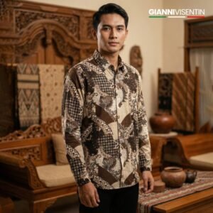 Gianni Visentin Kemeja Batik Katun Pria Regular Fit Coklat - 9093