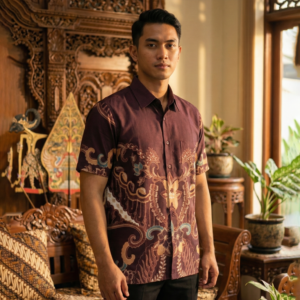 Gianni Visentin Kemeja Batik Katun Pria Regular Fit Maroon - 9095