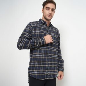 Gianni Visentin Kemeja Slim Fit Flannel Pria Kotak Kotak Biru Kuning 6034
