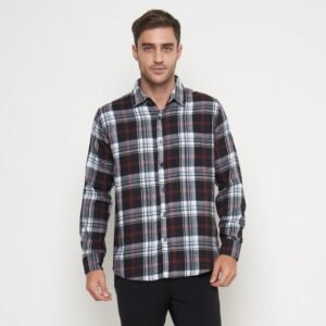 Gianni Visentin Kemeja Slim Fit Flannel Pria Kotak Kotak Coklat Putih 6042