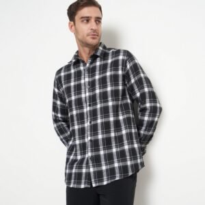 Gianni Visentin Kemeja Slim Fit Flannel Pria Kotak Kotak Hitam Putih 6068