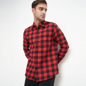 Gianni Visentin Kemeja Slim Fit Flannel Pria Kotak Kotak Merah 6070