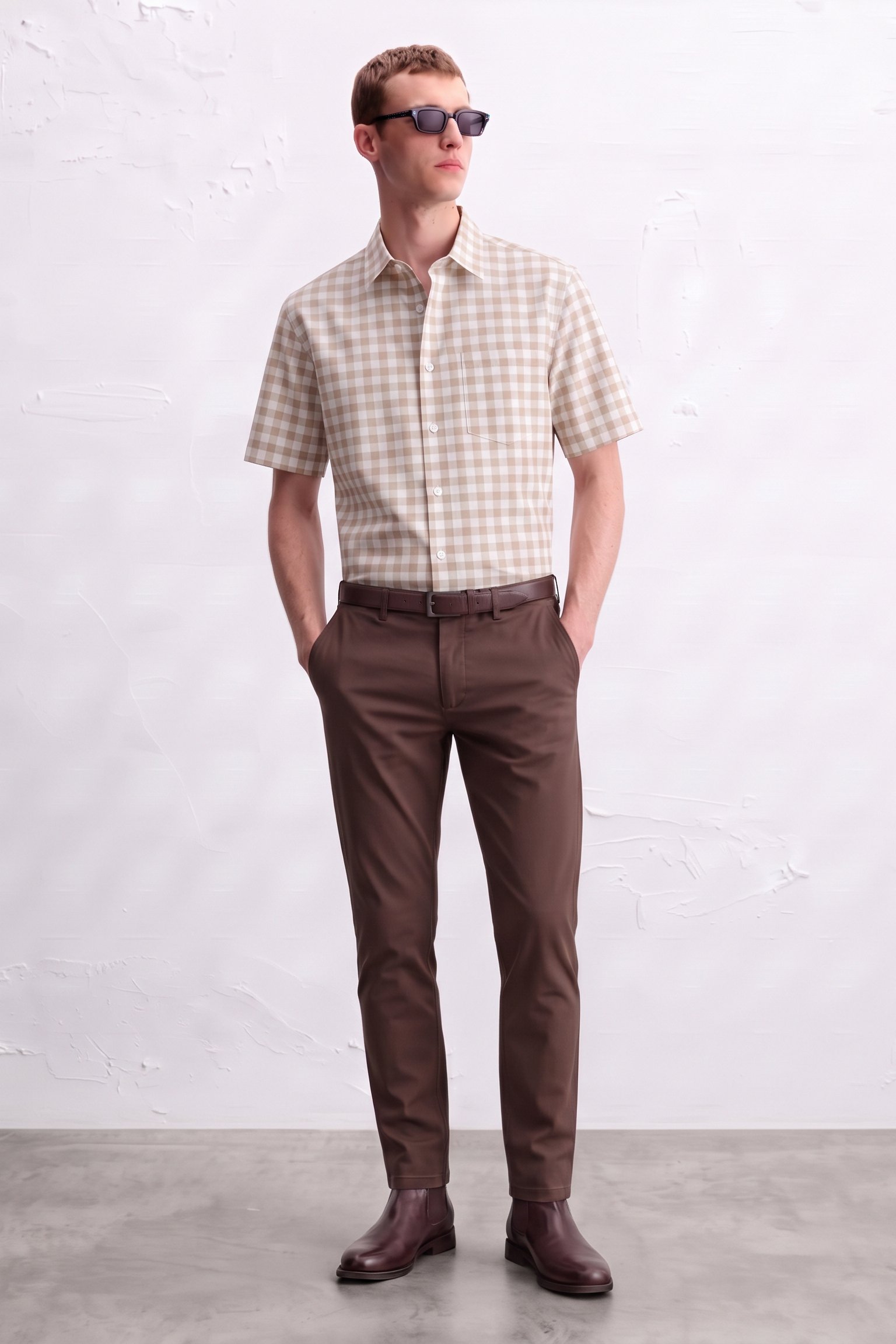 Gianni Visentin Kemeja Pria Lengan Pendek Kotak Kotak Coklat Regular Fit - 9112